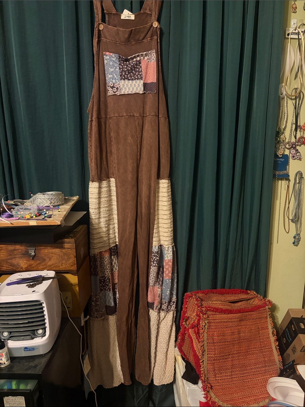 Boho Patchwork Brown Wide-Leg Overalls